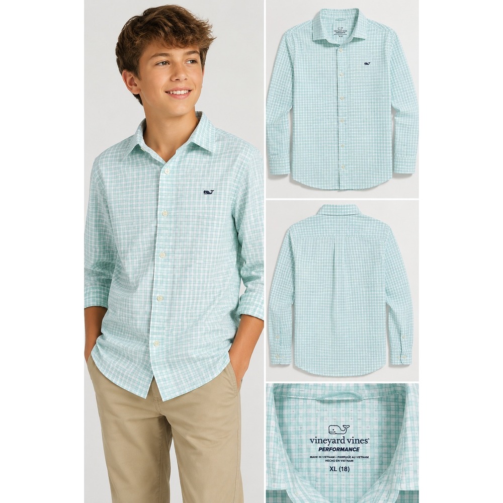 Vineyard Vines Performance Shirt Boys XL 18 Mint Gingham Button Down Prep‎